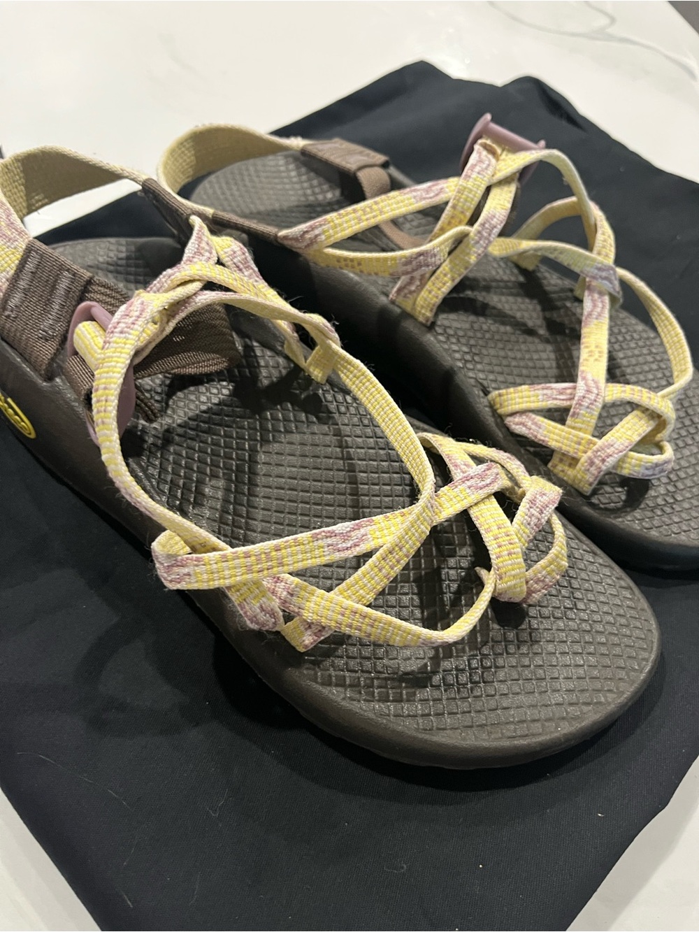 Chaco Women's Yellow Patterned Strappy Sandals with Brown Footbed